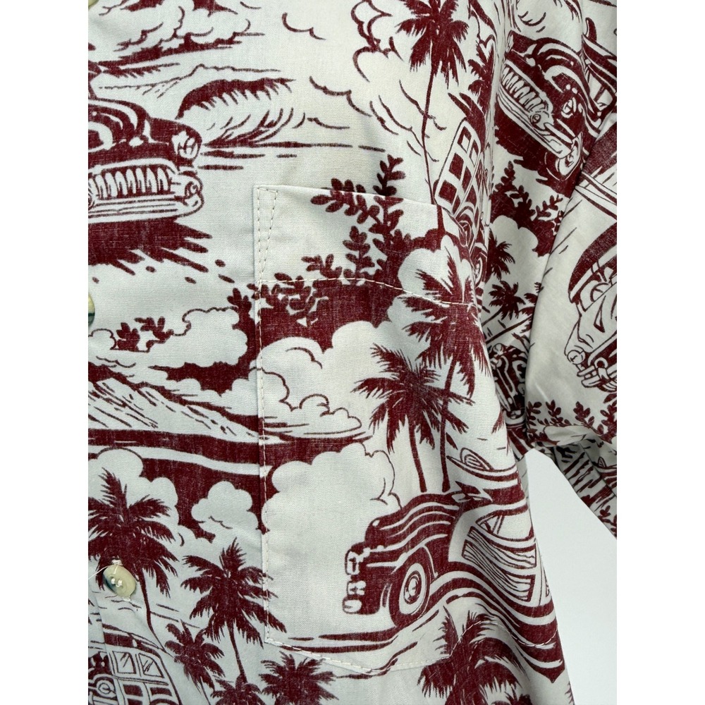 Vintage Go Barefoot Woodie Wagon Surf Mobile Hawaiian Shirt 2XL Tall Burgundy - Picture 9 of 13
